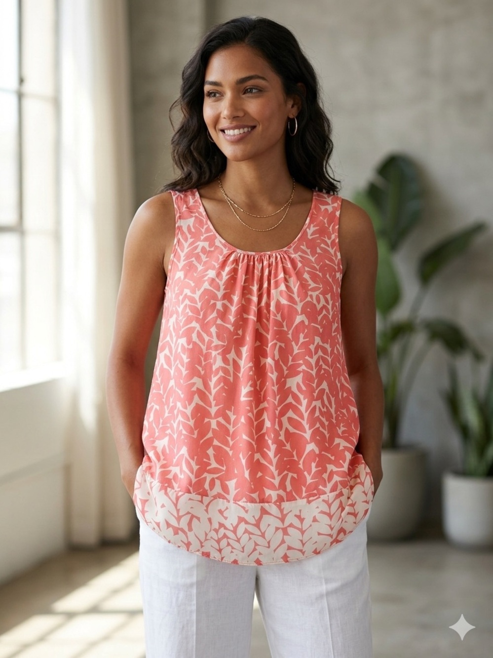 Silk woman’s Coral Leaf-Print Scoop Neck Sleeveless blouse‎ size small